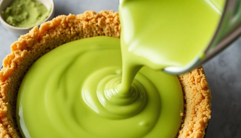 preparing matcha cheesecake filling